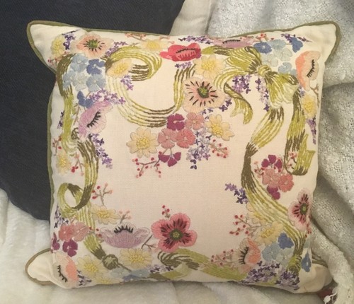 Vintage Crewel Embroidery Throw Pillow Embroidered Floral Handmade