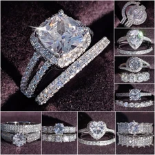 2 Pcs/set 925 Silver Plated Rings Women Wedding Charm Cubic Zircon Gifts Sz 6-10