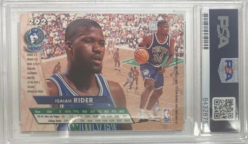 Isaiah Rider Auto RC 1994 Fleer #292 Minnesota Timberwolves PSA Encapsulado Foto 2 de 3