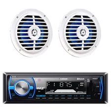 Pyle Single DIN Marine Bluetooth Reciever, 2x 5.25" 100W Marine White Speakers