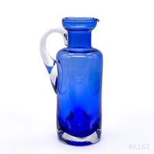 Vaso In Vetro D'Arte Vintage Con Manico Soffiato A Mano Blu | 20 Cm