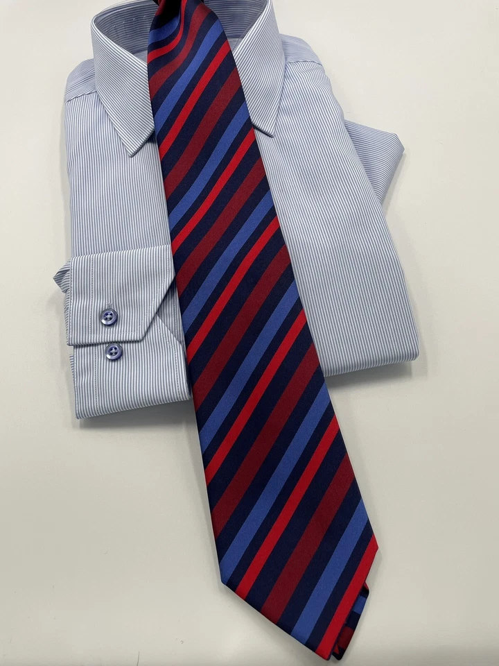 Corbata Luigi Borrelli azul marino, real, granate, rayas rojas 100 % seda Foto 2 de 4