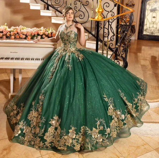 Luxury Emerald Green Sweetheart Ball Gown Quinceanera Dress For Girls Gold  Lace