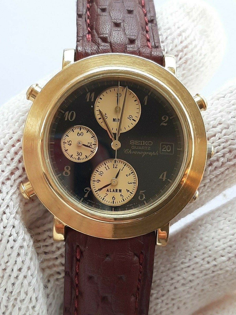 SEIKO WATCH CHRONOGRAPH ALARM 7T32-6C30 QUARTZ GOLD PLATED MENS