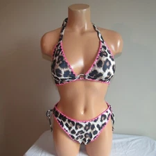 Unknown Brand Ruched Tie Side Bottom & Tie Back Top Swim Set S Brown Pink Animal