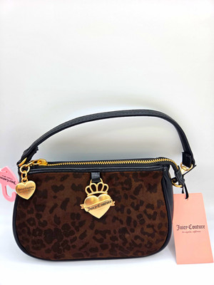 Juicy Couture Brown Animal Print Zip Sachet Animal Print WStrap Gold Heart Charm