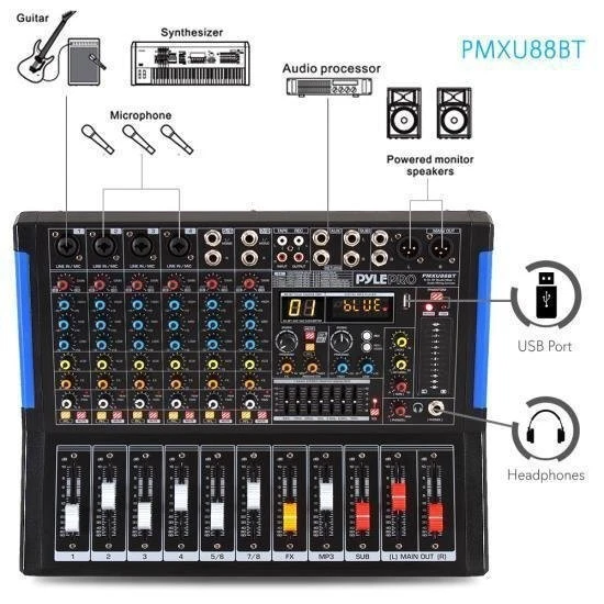 Pyle Bluetooth 8 Ch. Studio DJ Controller Audio Mixer Console System PMXU88BT - Image 2 of 4