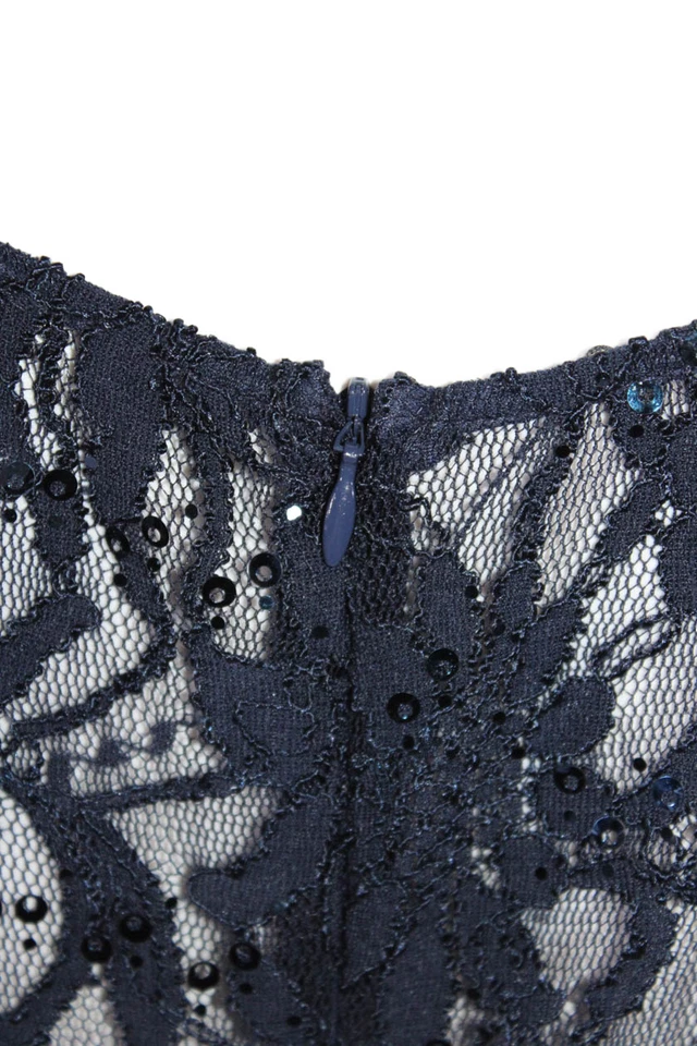 Vestido David Meister para mujer azul marino lentejuelas encaje floral cuello redondo manga 3/4 talla 14 Foto 4 de 4