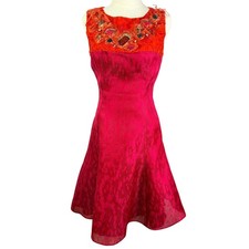 Carolina Herrera Silk Embellished Cocktail Dress Pink Orange Floral Jacquard