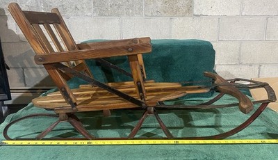 Vintage Speedway Wooden Kids Sled w Metal Runners & Backrest