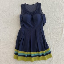 GUESS LOS ANGELES NAVY BLUE MESH ILLUSION DRESS STRIPED PLEATED HEM SZ 8