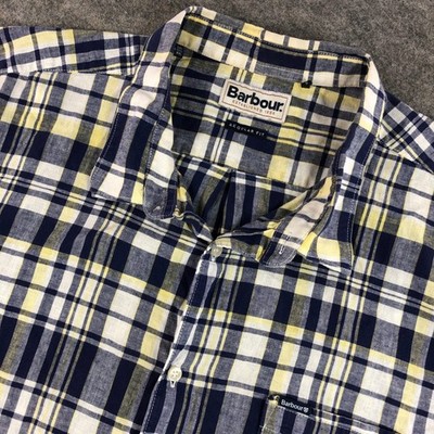 Barbour Mens XXL Blue Yellow Plaid Regular Fit Short Sleeve Button Down Shirt