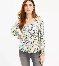 LOFT M Petite Top Garden Smocked Cuff Square Neck Pastel Pink Green Yellow Retro