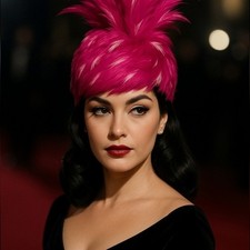 RARE 1950s GAY PAREE Feather Hat Couture Magenta Plume Real Feather Wool