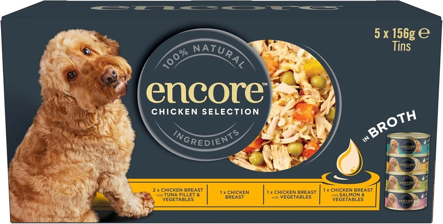 Encore 100 Percent Natural Adult Wet Dog Food, Chicken and Fish 156g Tin (5 x 15