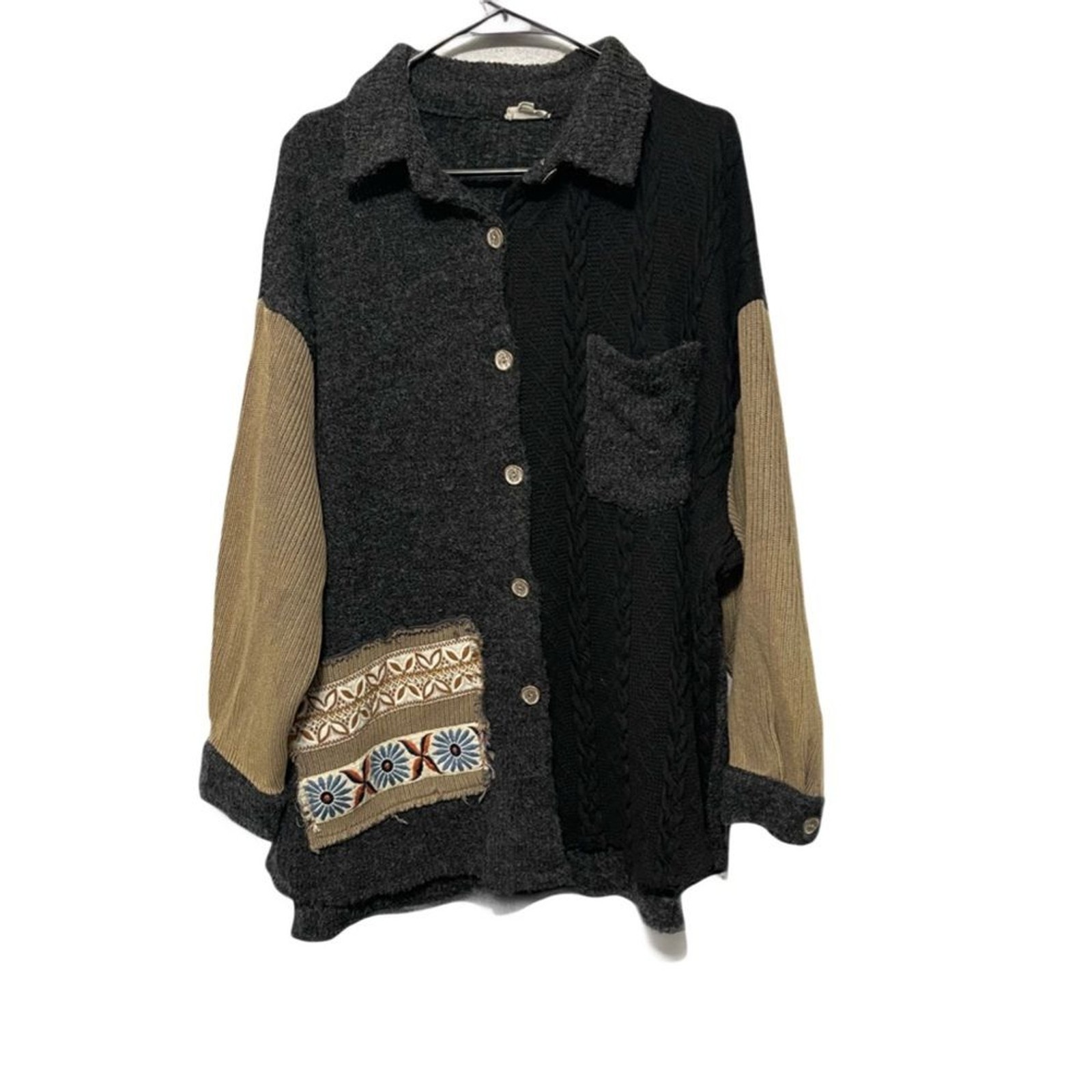 POL Button Front Patchwork Sweater Black Gray Art… - image 1