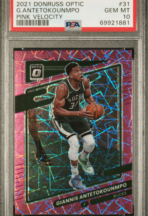 2021-22 Donruss Optic Pink Velocity #31 Giannis Antetokounmpo 49/79 PSA 10 Bucks