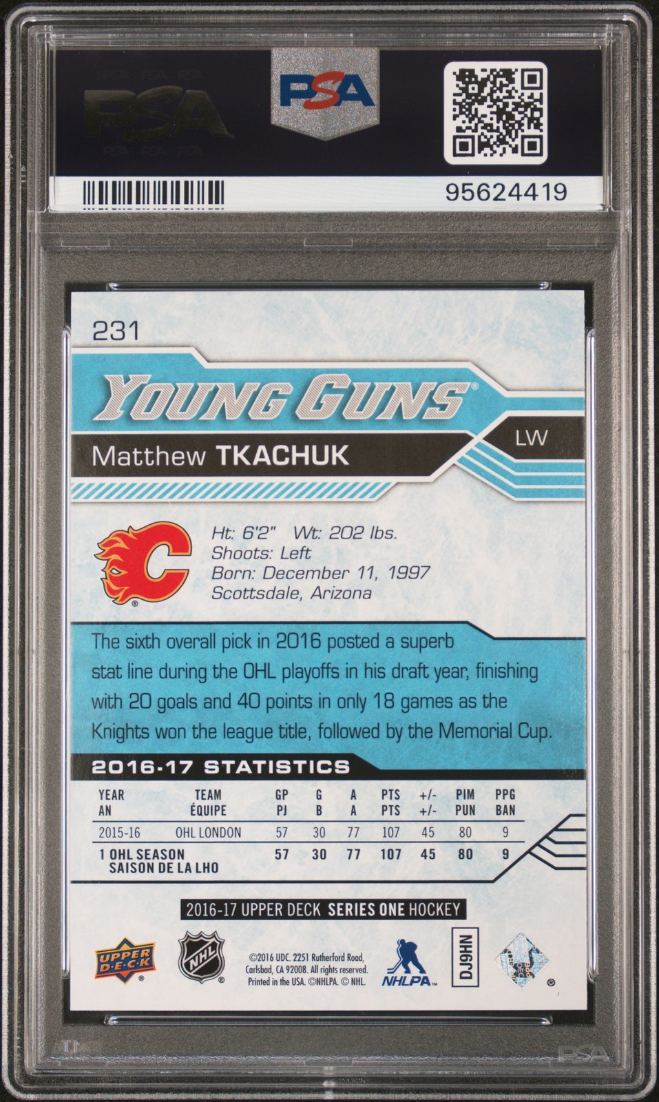 2016 Upper Deck #231 Matthew Tkachuk PSA 9 view 2