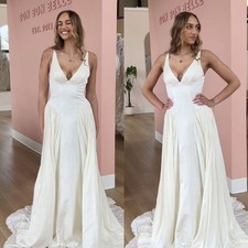 Satin Wedding Dress V Neck Sleevelesss Ivory A Line Beach Boho Bridal Gowns