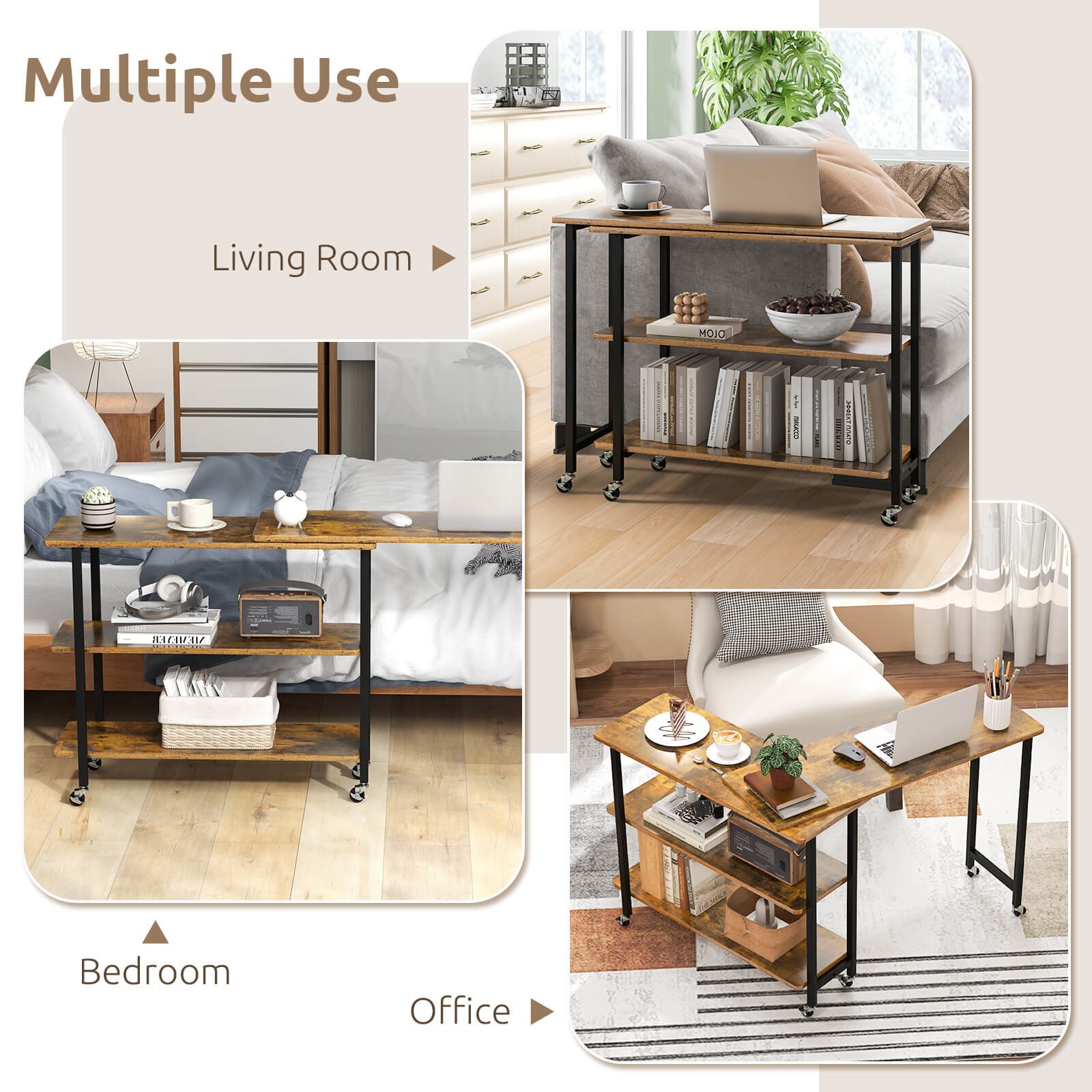 L-shaped Laptop Desk Snack Table 360° Rotatable Sofa Side Table w/Shelf Patented