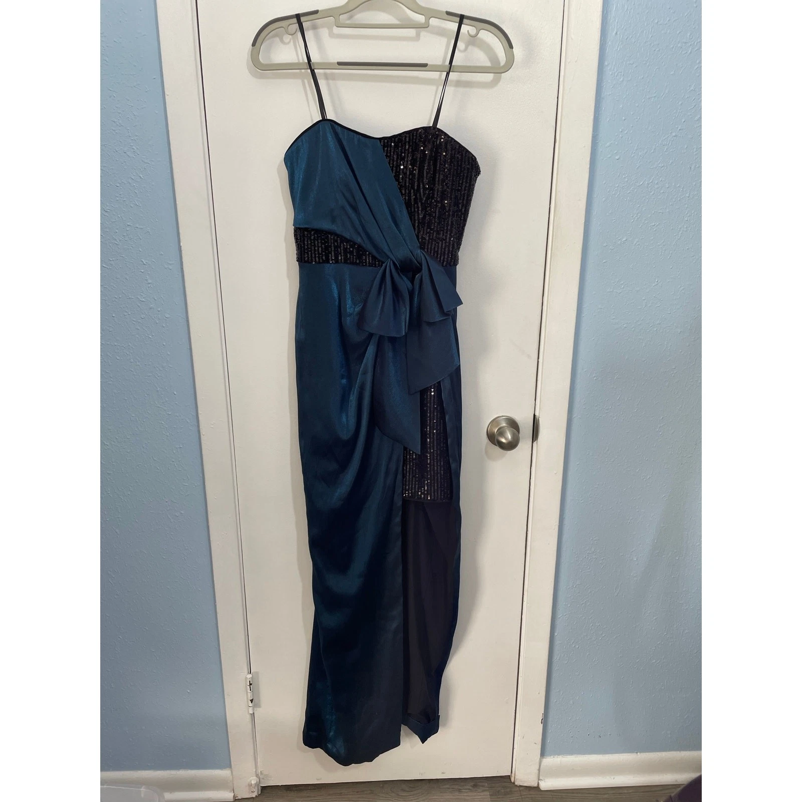 Aidan Mattox Cocktail Dress Size 4 Teal Blue Satin Black Sequin Sash Prom Formal