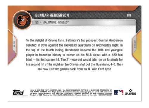 Gunnar Henderson - 2022 MLB TOPPS NOW #819 - CALL-UP RC 1st HR 429 FT BLAST - Picture 2 of 2