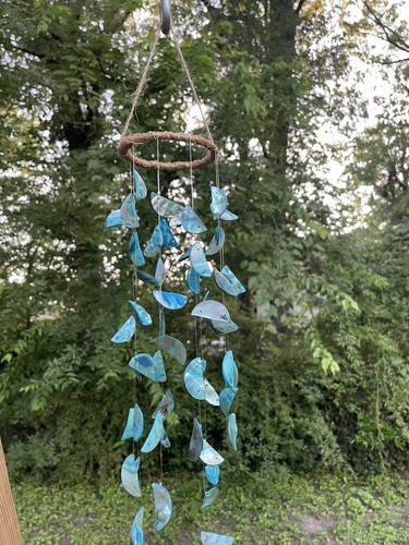 Handgefertigtes Wind-Sonnenspiel blau gefärbte Muschel schöner einzigartiger Klang verkauft vom Künstler - Bild 3 von 9