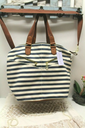 Madden Girl Striped Weekender Blue and White Sports Beach Tote Large Diaper Bag - Picture 2 of 12