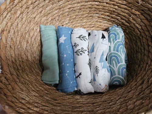 Muslin swaddle blankets, burp cloth. Set Of 5. 60x60cm. Cotton/bamboo. - Picture 2 of 12