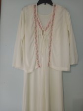 Vtg Sears Nightgown  Jacket Peignoir Sz 36 Bridal Cream Pink Lace Embr Flowers