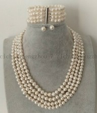 Genuine 4 Rows 7-8mm White Freshwater Cultured Pearl Necklace Bracelet Earrings