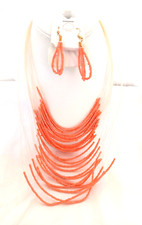 New Women's Statement Multistrand Necklace Earrings Set Orange Beads Adj Length