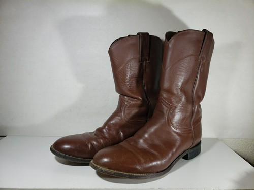 Vtg Justin Cowboy Boots Size 8D Classic Brown Roper Style 3404 Made In Mexico