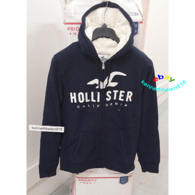 HOLLISTER SHERPA LINED FULL ZIP LOGO HOODIE SWEATSHIRTS NAVY BLUE