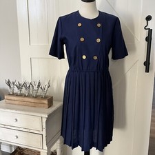 Vintage Navy Blue Pleated Midi Dress 12P Nautical Gold Button Parisian Chic
