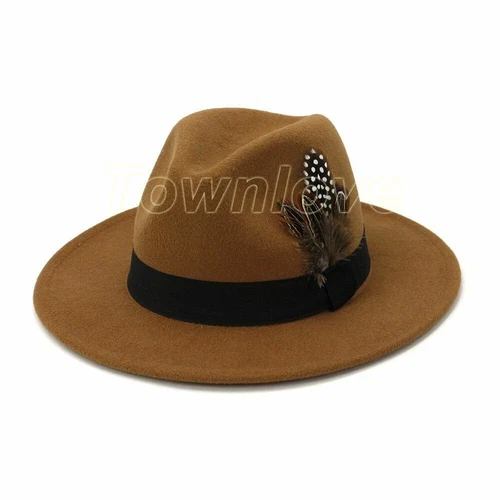 Herren Damen Wolle klassisch breite Krempe Wollfilz Hut Panama Trilby Kappe mit Band - Bild 13 von 35