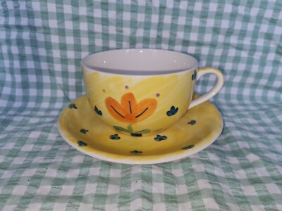 Whittard Of Chelsea - große Cappicino Tasse und Untertasse gelb mit orangen Blumen