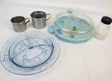 Vintage Baby Dishes sectioned Plates bowls Pyrex bottle metal child's Cups