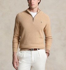  145 Polo Ralph Lauren Men  s Mesh-Knit Cotton Quarter-Zip Sweater Brown Size L