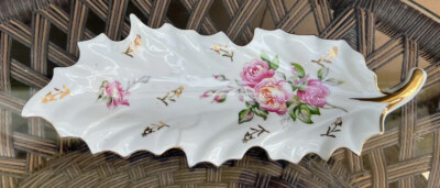 Kalk Eisenberg German Porcelain Leaf Shaped Trinket Dish Arrow Mark Floral Pttrn