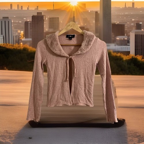 Amy Byer Cardigan Faux Fur Collar Mauve Sweater Size Medium Soft Long Slv Youth - Picture 3 of 7