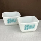 TWO! Vtg PYREX Amish Turquoise Blue Rooster Butterprint 501 Refrigerator Dishes