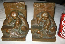 ANTIQUE WEIDLICH BROS. GIRL DOG BRONZE METAL ART STATUE SCULPTURE BOOK BOOKENDS