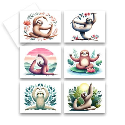 12 Assorted All Occasion Notecards Blank with Envelopes - YOGA SLOTH ( 2 of Each