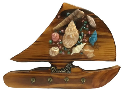 Wood Sailboat Key Holder Wall Mount Sea Shells Florida 4 Keychain Handmade 10''x7