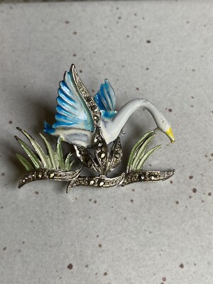 Vintage Alice Caviness Marcasite Enamel Swan Brooch Flying Bw Reeds  UK