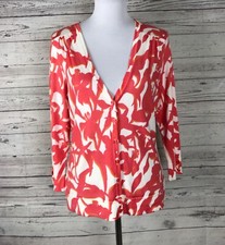 Charter Club Coral White Floral 3/4 Sleeve V-Neck Cardigan Sweater Size PM