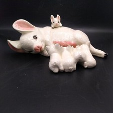 Vintage Ceramic Mother Pig with 5 Piglets Sow Pig with Piglets