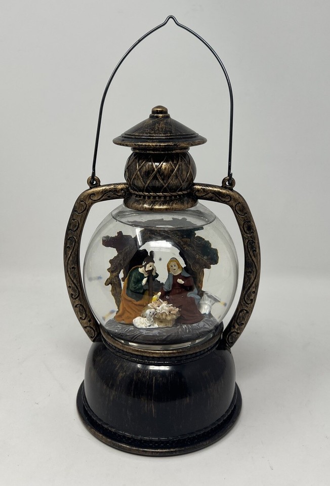Nativity Scene Lighted Christmas Snow Globe Bronze Lantern Swirling ...