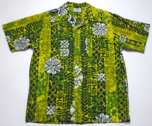 Vintage 60s Hukilau Fashions Hawaiian Button Shirt Loop Collar Tribal Green Mens - Picture 2 of 5
